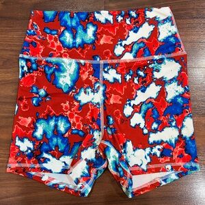Fleo high rise contour shorts in red, white & blue tie dye, size small